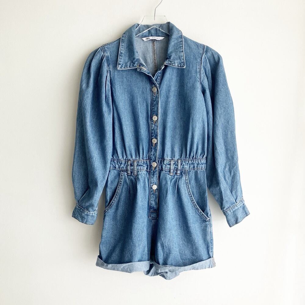 Zara Small Denim Romper Collared Long Sleeve Blue Jean Button Front High Rise